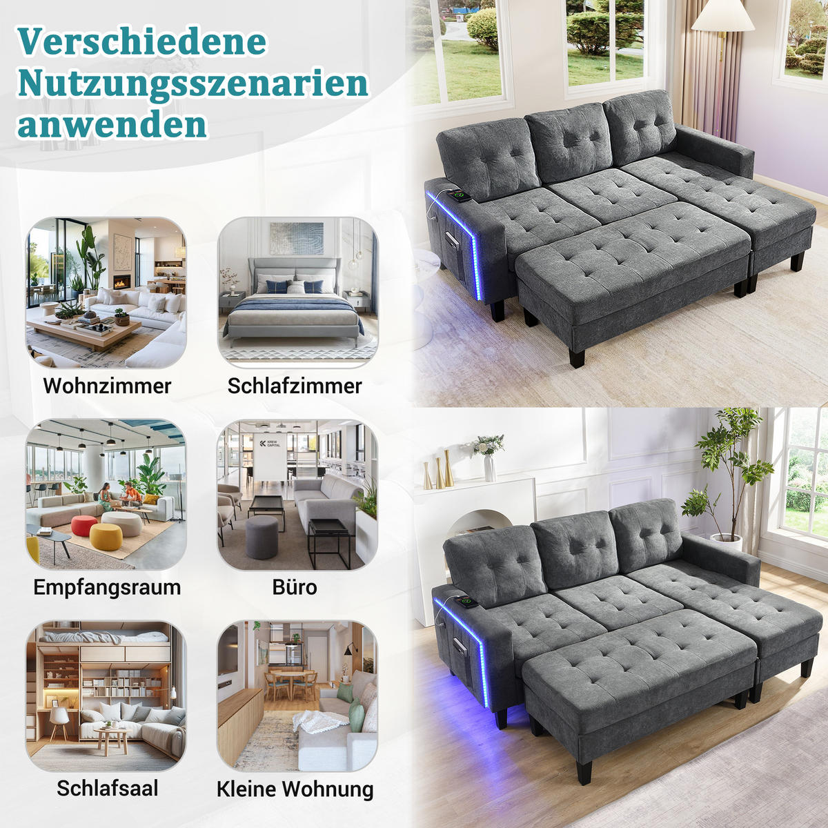 SCHLAFSOFA 185/135/85 cm Antikgrau mit beweglicher Fußbank und LED-Ambiente-Beleuchtung - Dunkelgrau, Textil (185/85/135cm) - Oxeza
