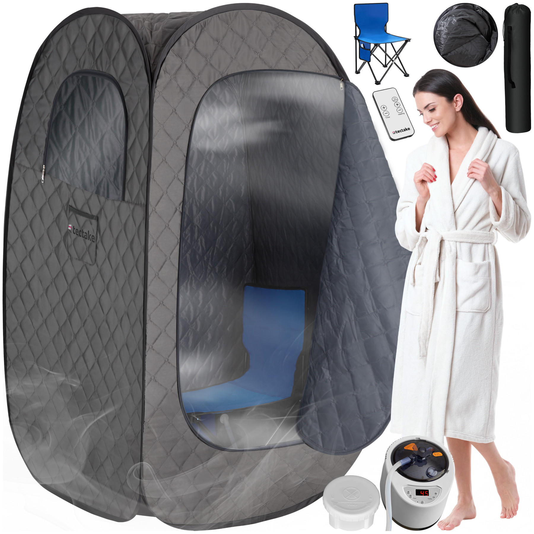 MOBILE DAMPFSAUNA Thermaluxe I,inkl. Fernbedienung, Matte, Klappstuhl und Tragetaschen,dunkelgrau/schwarz - Dunkelgrau/Schwarz, Kunststoff (84/145/84cm) - tectake