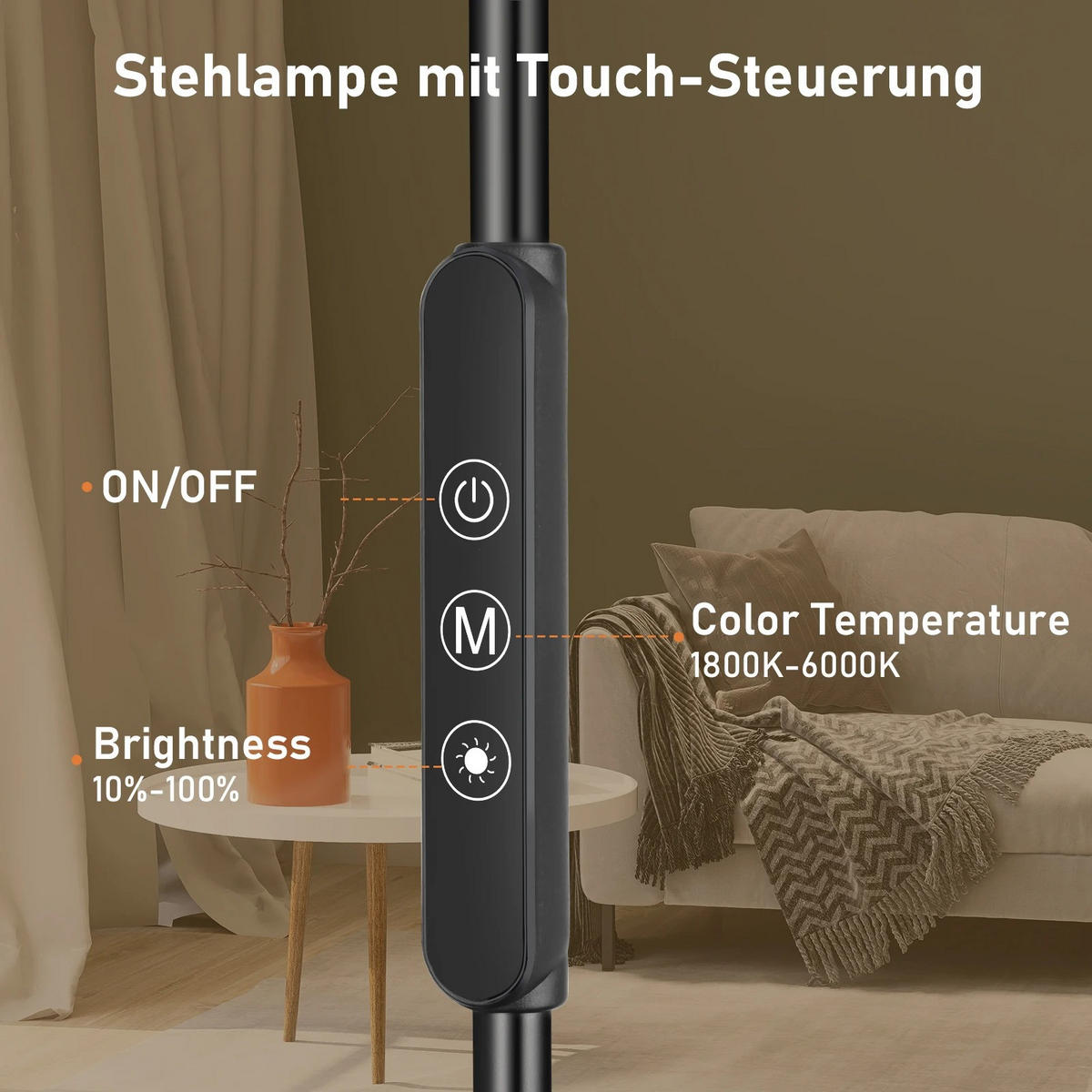STEHLEUCHTE Dimmbar 1800–6000K 360° Drehbar Nachtlichtfunktion Speicherfunktion 1 Stück - Schwarz, Metall (15/15/169cm) - Kaket