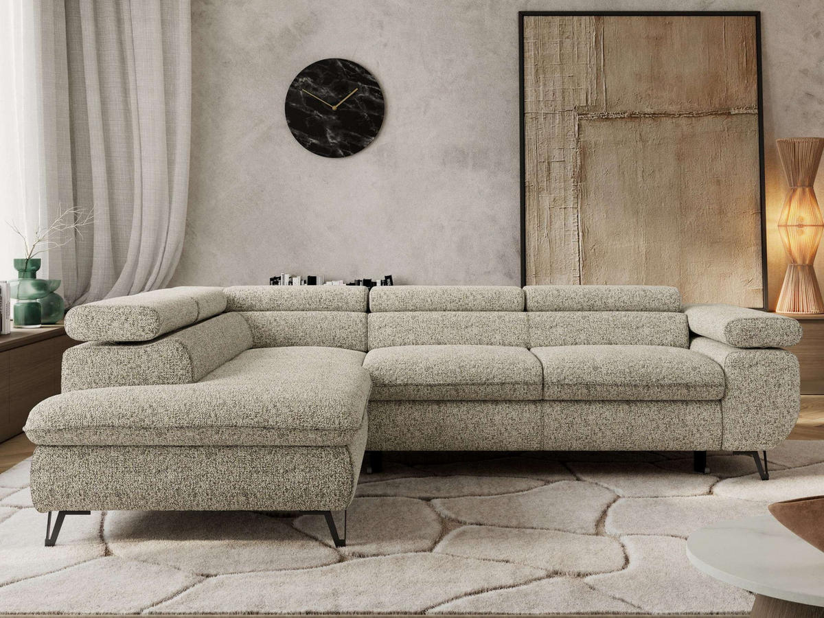 ECKSOFA PABLO L Beige Struktur - Links Seite mit Visco Topper - Beige/Schwarz, Textil/Metall (208/273cm) - MKS