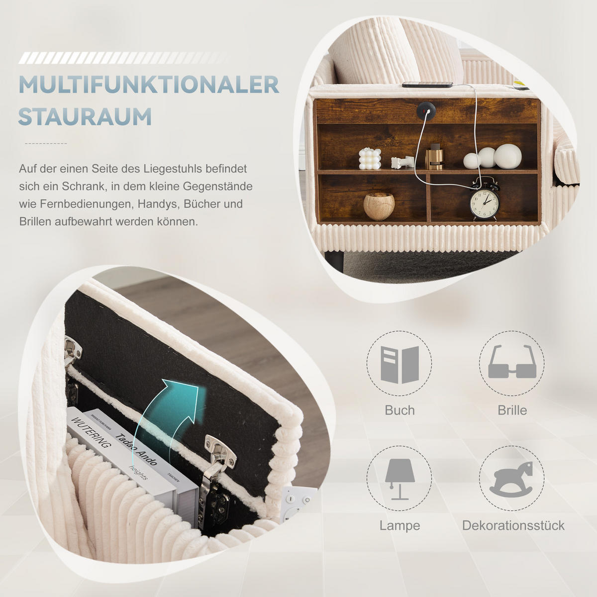 CHAISELONGUE Cord Beige mit LED, Stauraum und USB - Beige, Kunststoff/Textil (129/70/170cm) - WISHDOR