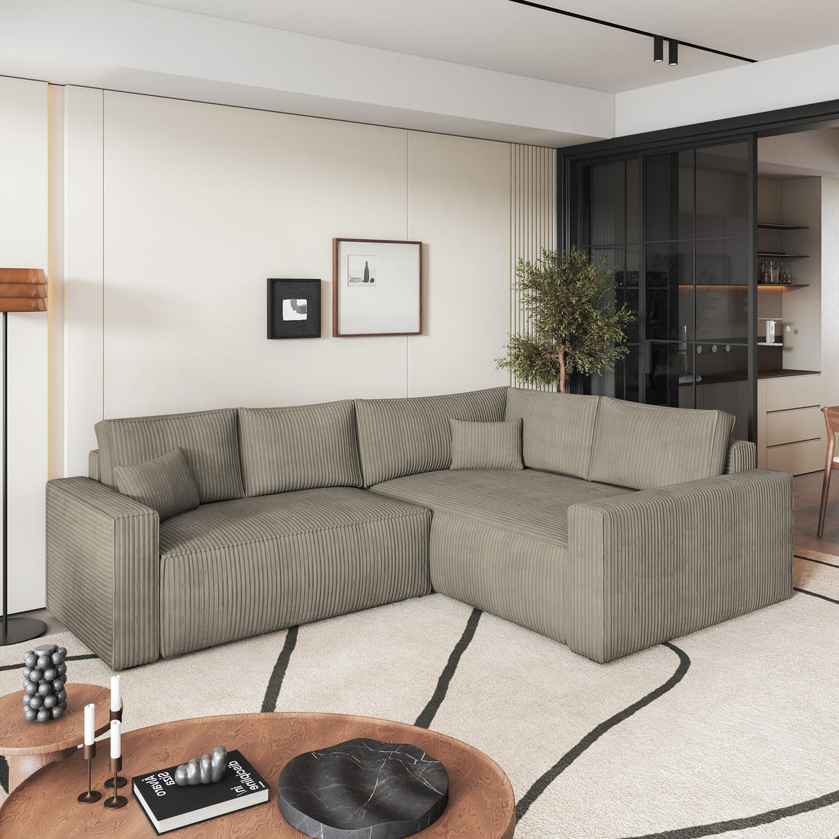 ROHOVÁ SEDAČKA ERONIS béžová - šedá/béžová, dřevo/textil (265/194cm) - MASSENO