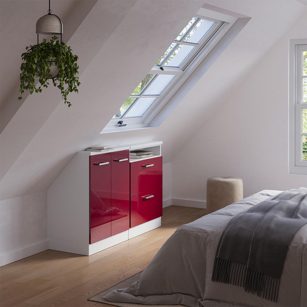 DACHSCHRÄGENSCHRANK-SET Rion Bordeaux Hochglanz/Weiß 2er Set - Bordeaux/Weiß, Holzwerkstoff (120/81.6/46cm) - Vicco