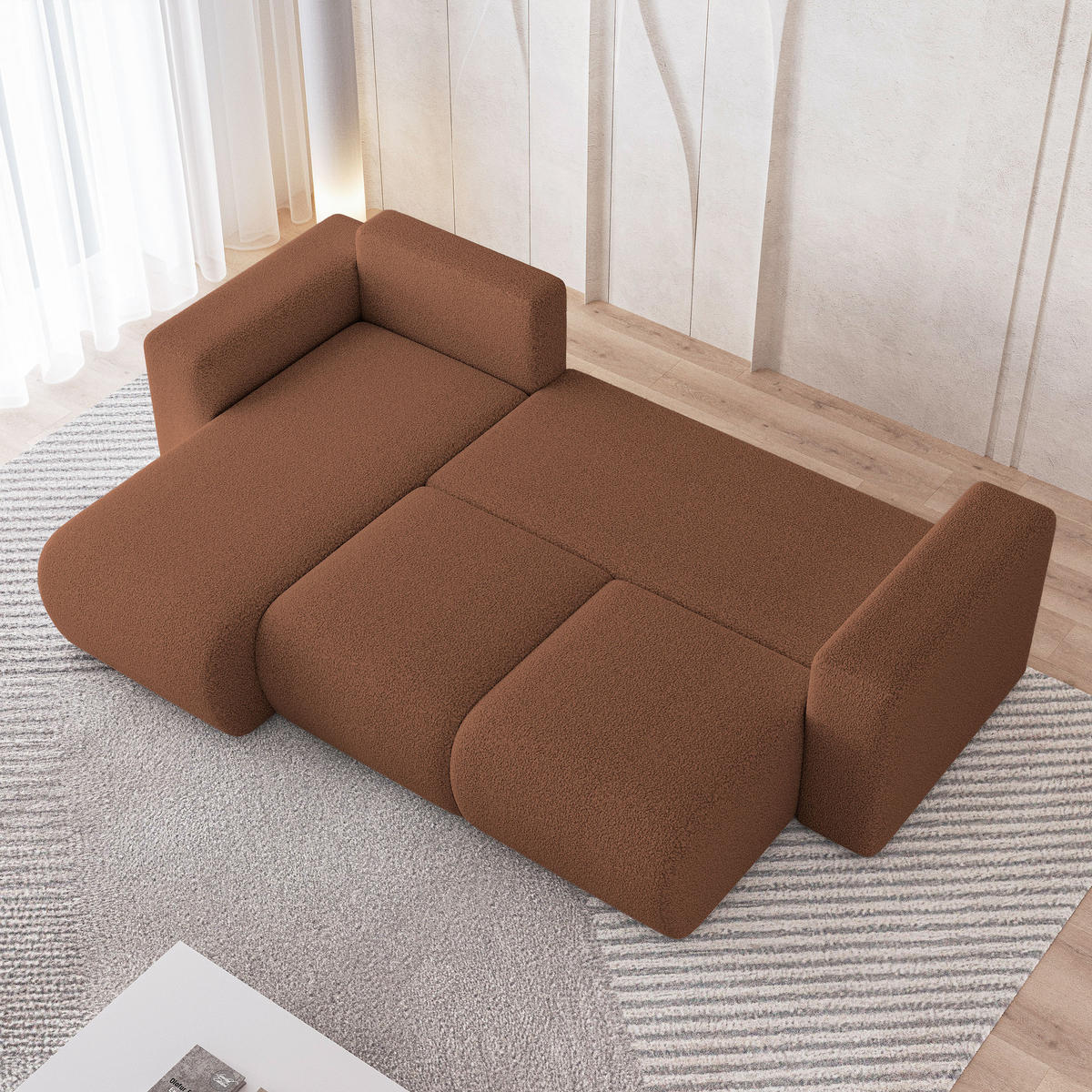 ECKSOFA RINOVA Kupferfarben Boucle-Stoff mit Schlaffunktion - Kupferfarben, Holz (250/143cm) - MASSENO
