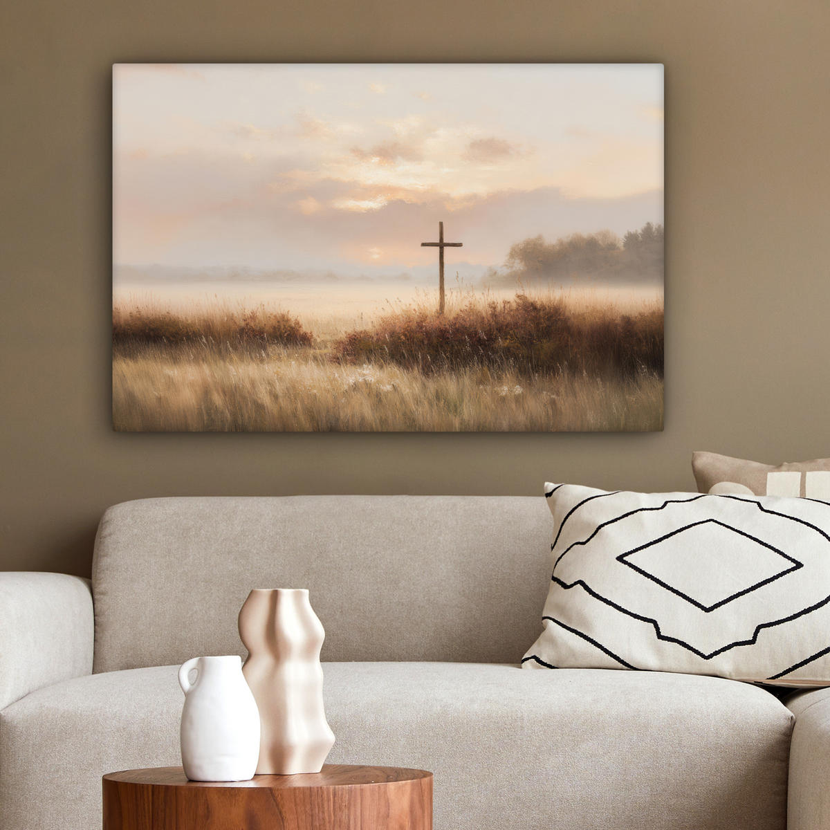 LEINWANDBILD Gras - Morgennebel - Kreuz - Christentum Gemälde 60x40 cm - Beige, Textil (60/40cm) - MuchoWow