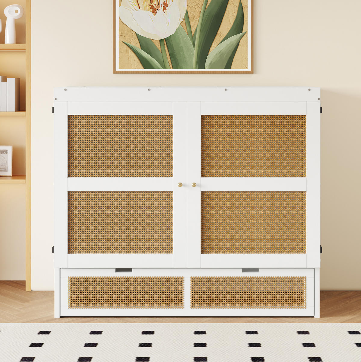 KREVET 140/200 cm s preklopnim zidnim dizajnom, prostorom za pohranu i vratima u rattan stilu, Bijela / Siva - bijela, drvni materijal (140/200cm) - Redom