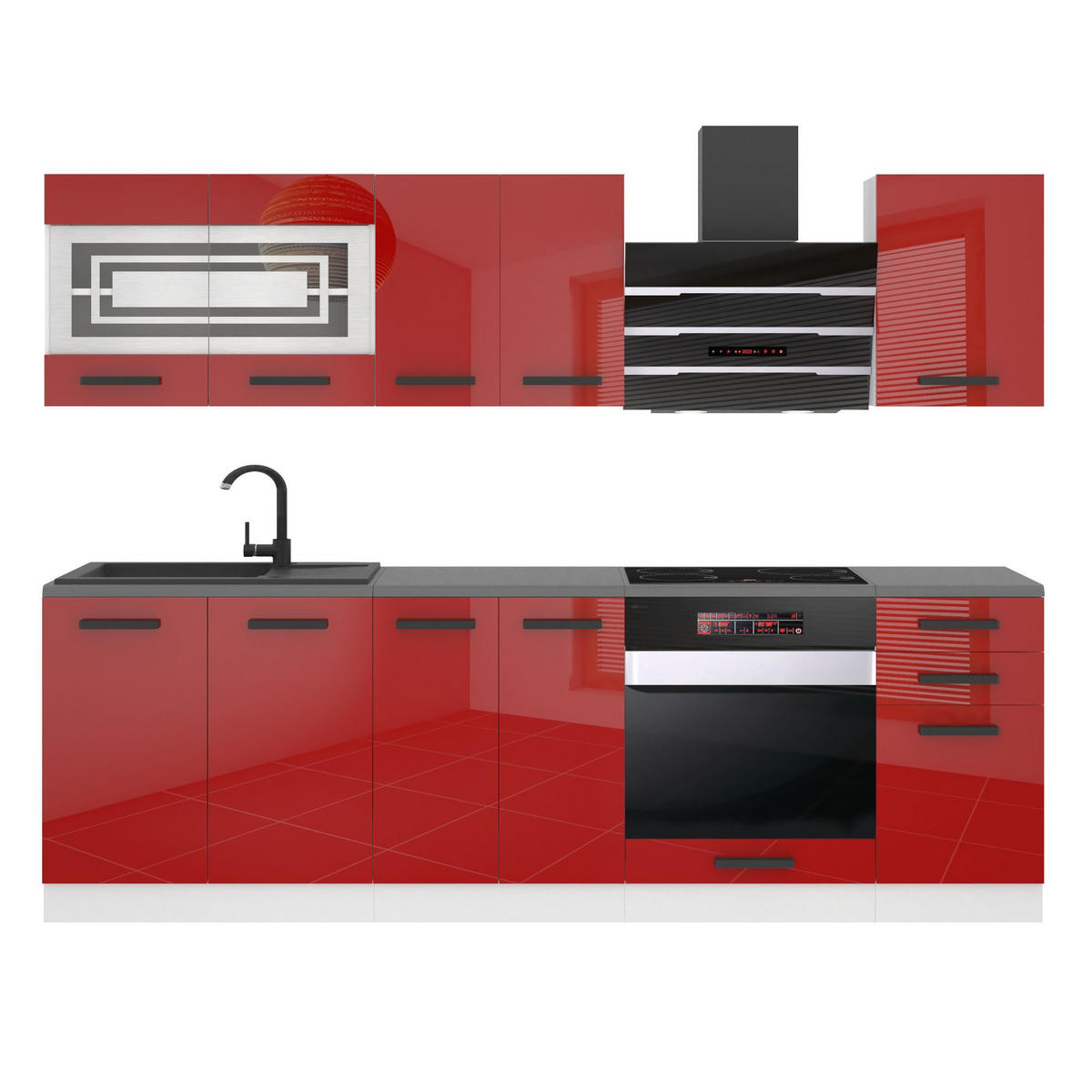 KÜCHENZEILE Margaret 240 cm, mit Arbeitsplatten, Rot Hochglanz - Rot, Holz (240/204/60cm) - B BELINI GROUP
