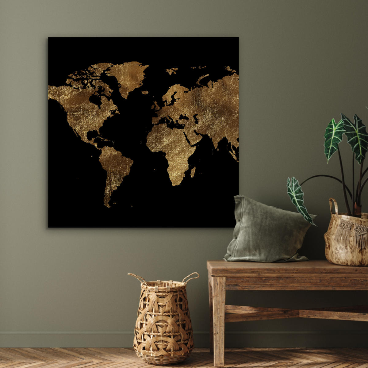 KOVOVÝ OBRAZ Mapa sveta - Zlato - Luxus - Zem - Čierna 90x90 cm - zlatá, kov (90/90cm) - MuchoWow