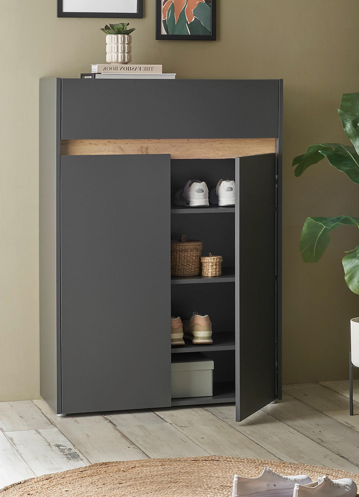 SCHUHSCHRANK grau matt, Eiche Wotan, Flurkommode 85 x 122 cm - Eiche Wotan/Schwarz, Holzwerkstoff/Kunststoff (85/122/122cm) - Furn.Design