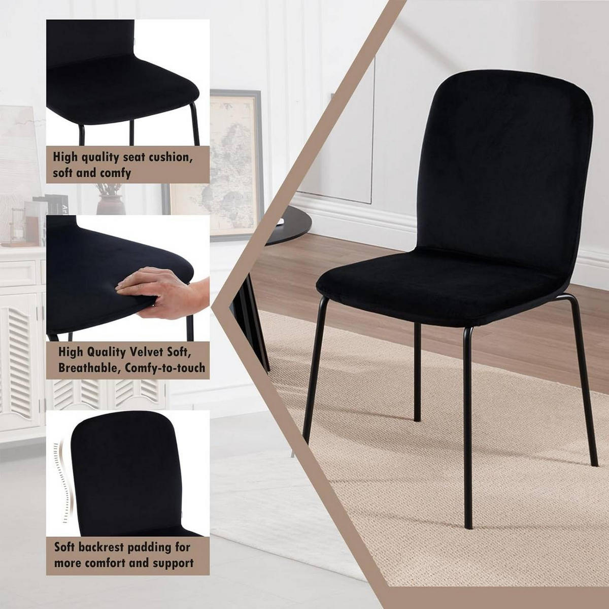 ESSZIMMERSTUHL 4er Set, Stapelstuhl, Samt, Schwarz - Schwarz, Textil/Metall (44/86/58.5cm) - Woltu