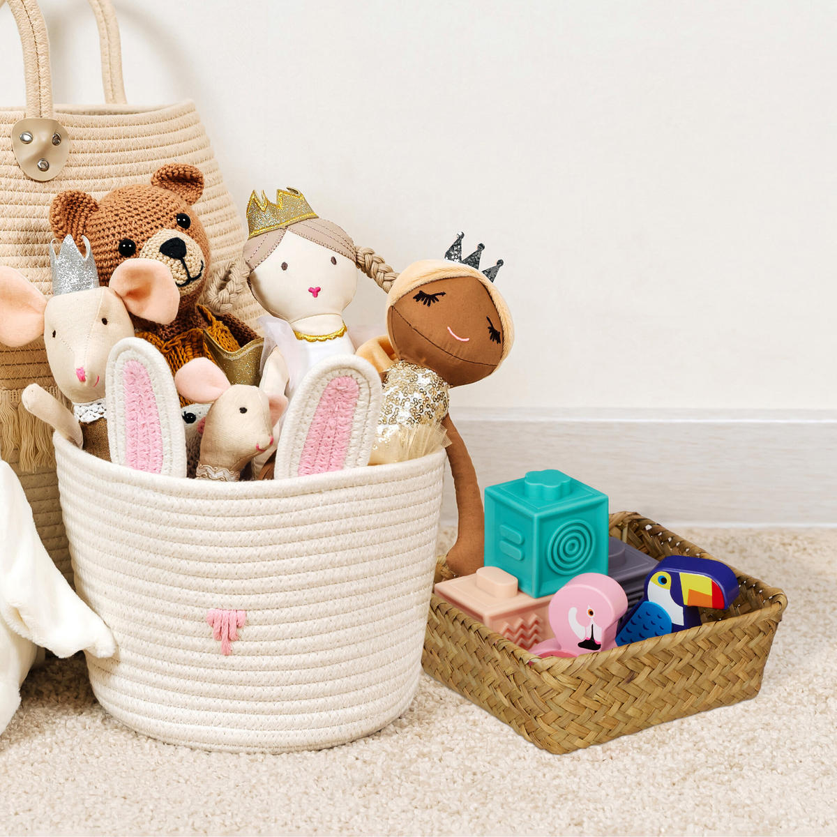 3XAUFBEWAHRUNGSKORB - Hellbraun, Textil/Metall (23/23/8.5cm) - Relaxdays