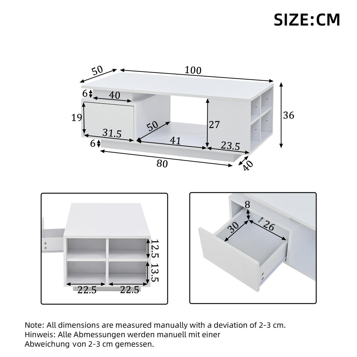 COUCHTISCH in Weiß Kaffeetisch mit Schublade, LED & 4 Ablagefächern,Hochglanz Sofatisch für Wohnzimmer, B100/T50/H36cm - Weiß, Holzwerkstoff (50/100/36cm) - STILVORA