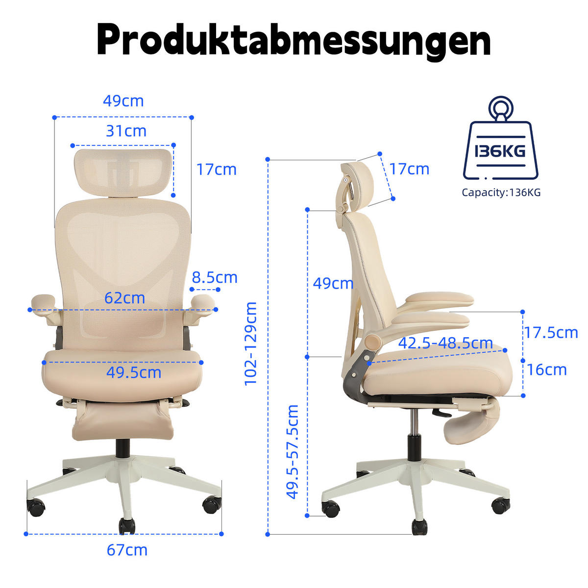 DREHSTUHL DE-40943 mit klappbarer Rückenlehne und 3D-Kopfstütze Creme - Creme, Metall (62/129/48.5cm) - ComfortXL