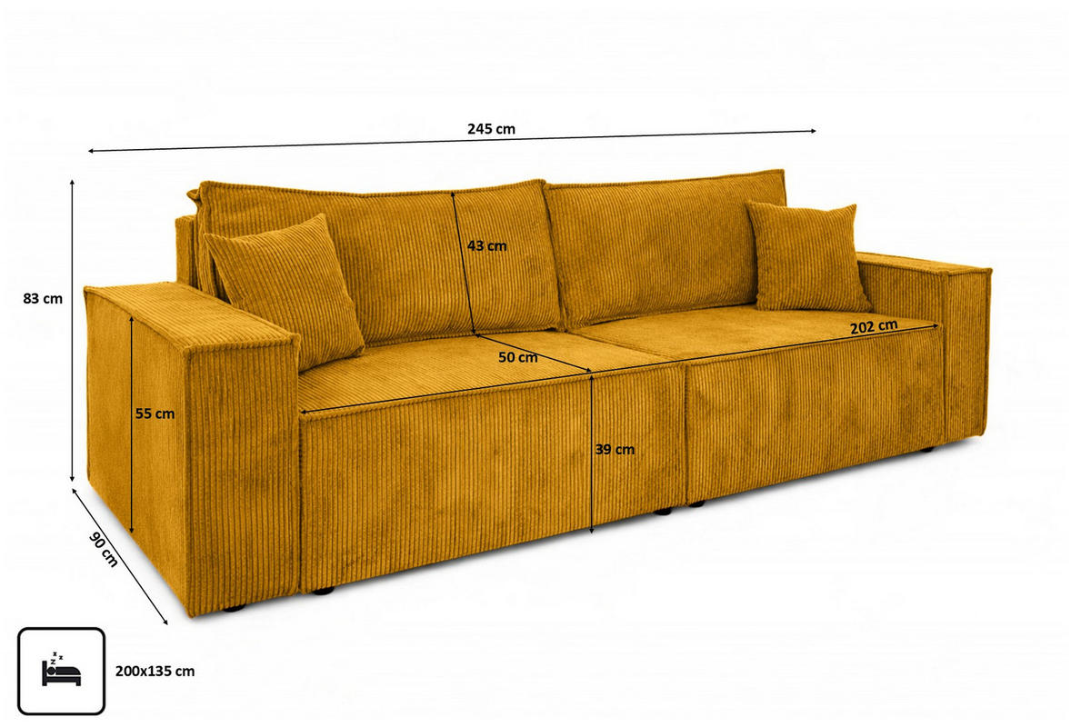 SOFA Mit Schlaffunktion Und Bettkasten, Cordstoff Poso, Senffarbe, BEST SCORNER - Gelb, Holz (245/83/90cm) - Kaiser Möbel