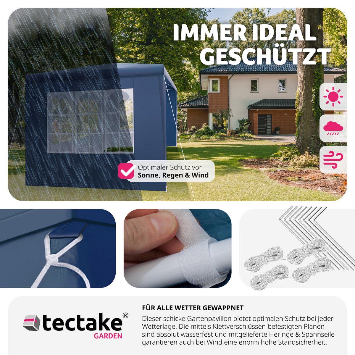 PAVILLON Baraban,inklusive Spannseile und Heringe,blau - Blau, Kunststoff (300/250/300cm) - tectake