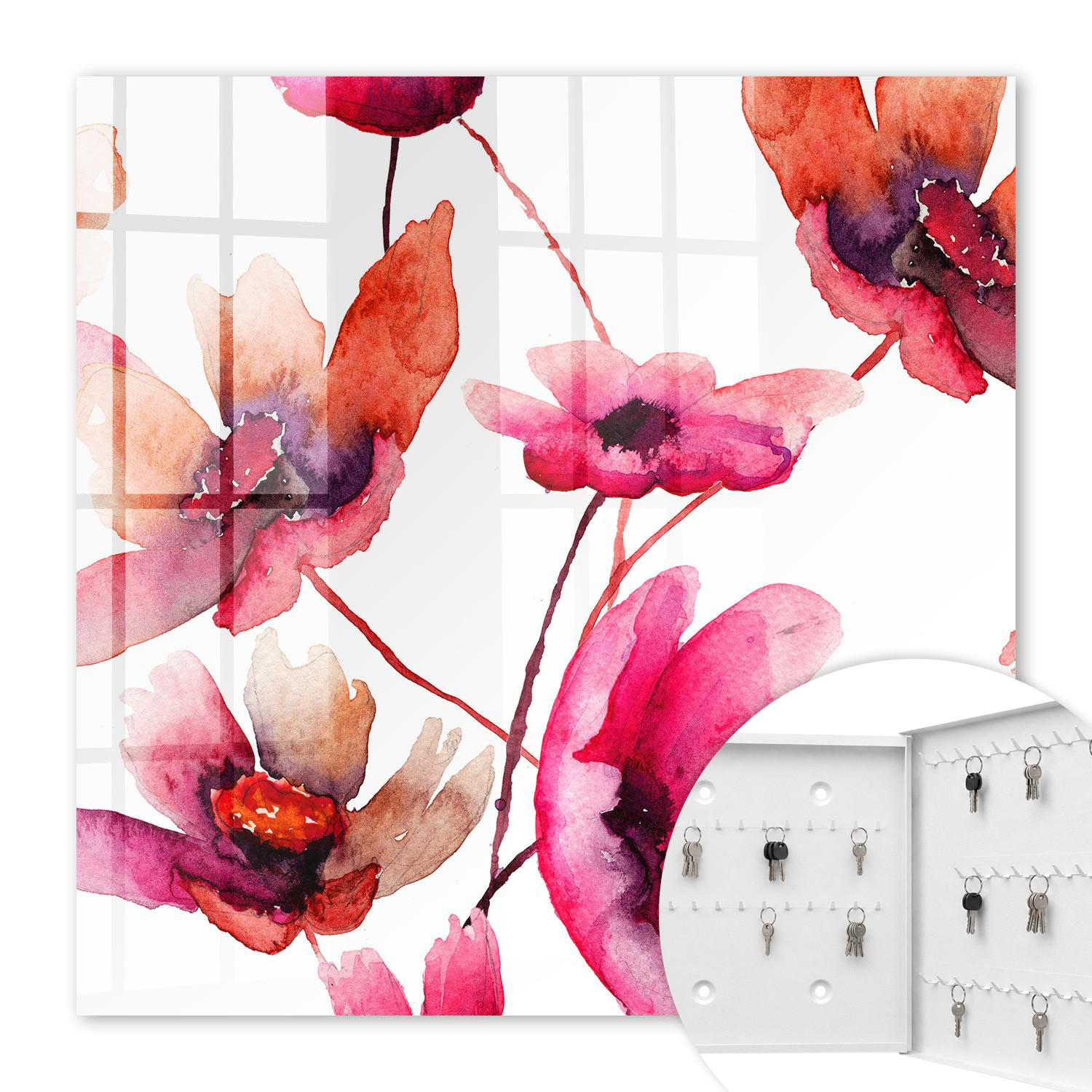 SCHLÜSSELBOX Weiß 30x30 cm – Türöffnung nach rechts - Aquarellblumen - Rot, Metall (30/30/5cm) - TULUP
