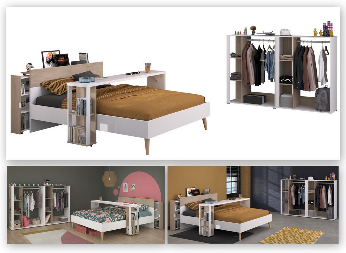 JUGENDZIMMER weiß, Eiche, Komplett-Set 5-teilig mit vielen Fächern - Eichefarben/Weiß, Holzwerkstoff (95/123/206cm) - Parisot Meuble