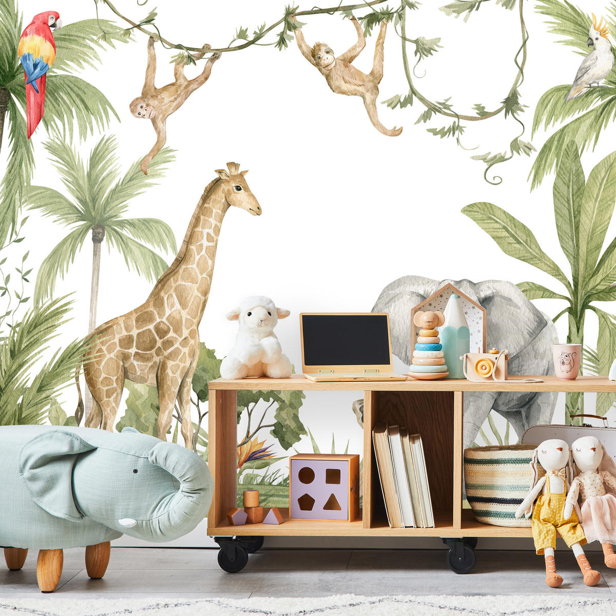 FOTOTAPETE für Kinderzimmer Dschungel Tiere Giraffe Elefant Palmen 400x280 - Beige/Rot, Papier (400/280cm) - Muralo