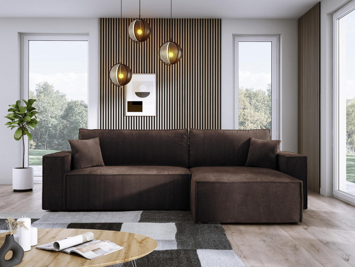 ECKSOFA POSO XL UNIVERSAL, Schlaffunktion und Lattenrost - L-Form, Cord, Federung auf Wellfedern, 274x143x83 cm, Rechts Brown - Braun, Holz/Textil (277/143cm) - DomoHome