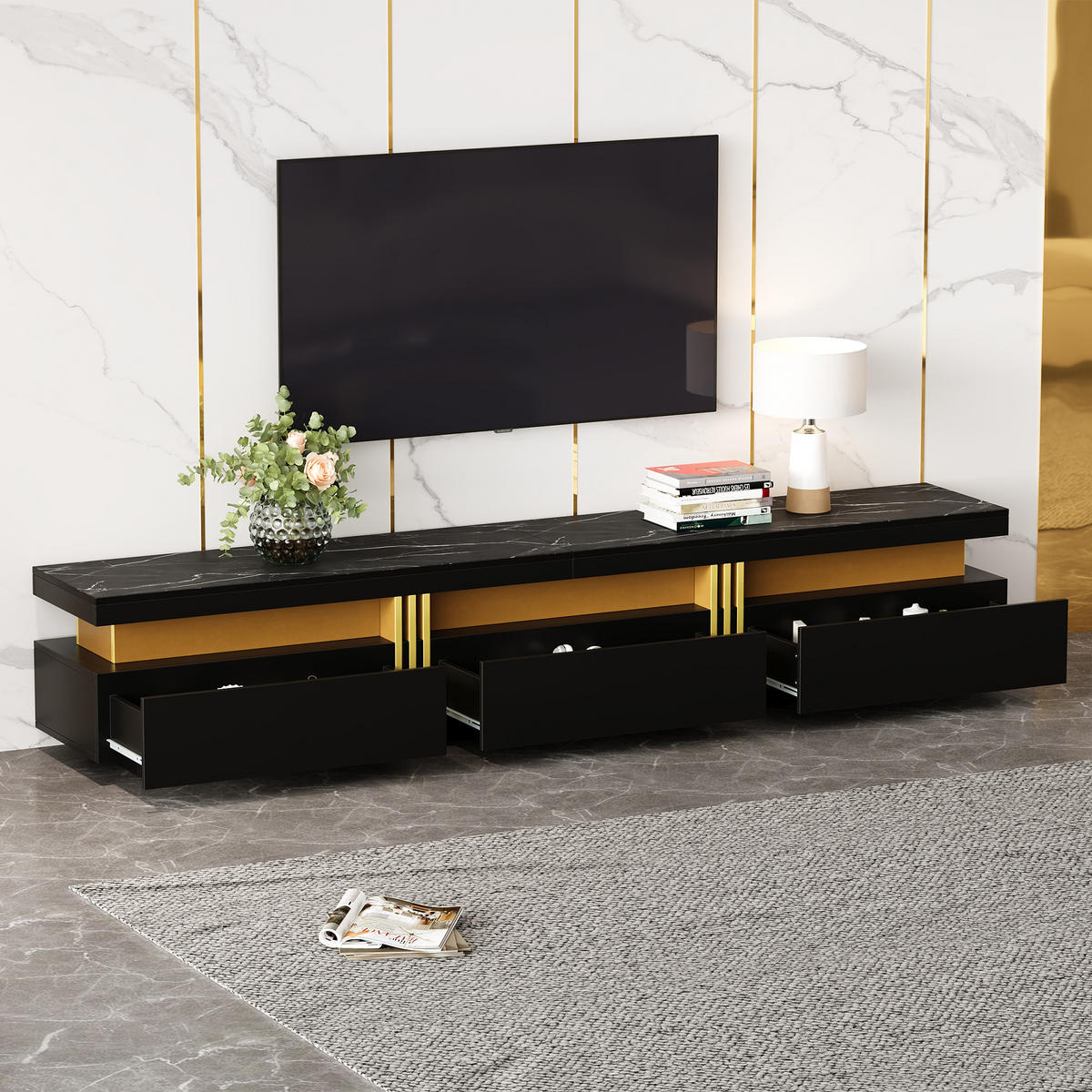 LOWBOARD in Schwarz mit Marmor-Optik und Schubladen für Wohnzimmer, B200/T40/H42 cm - Schwarz, Holzwerkstoff (100/40/50cm) - STILVORA