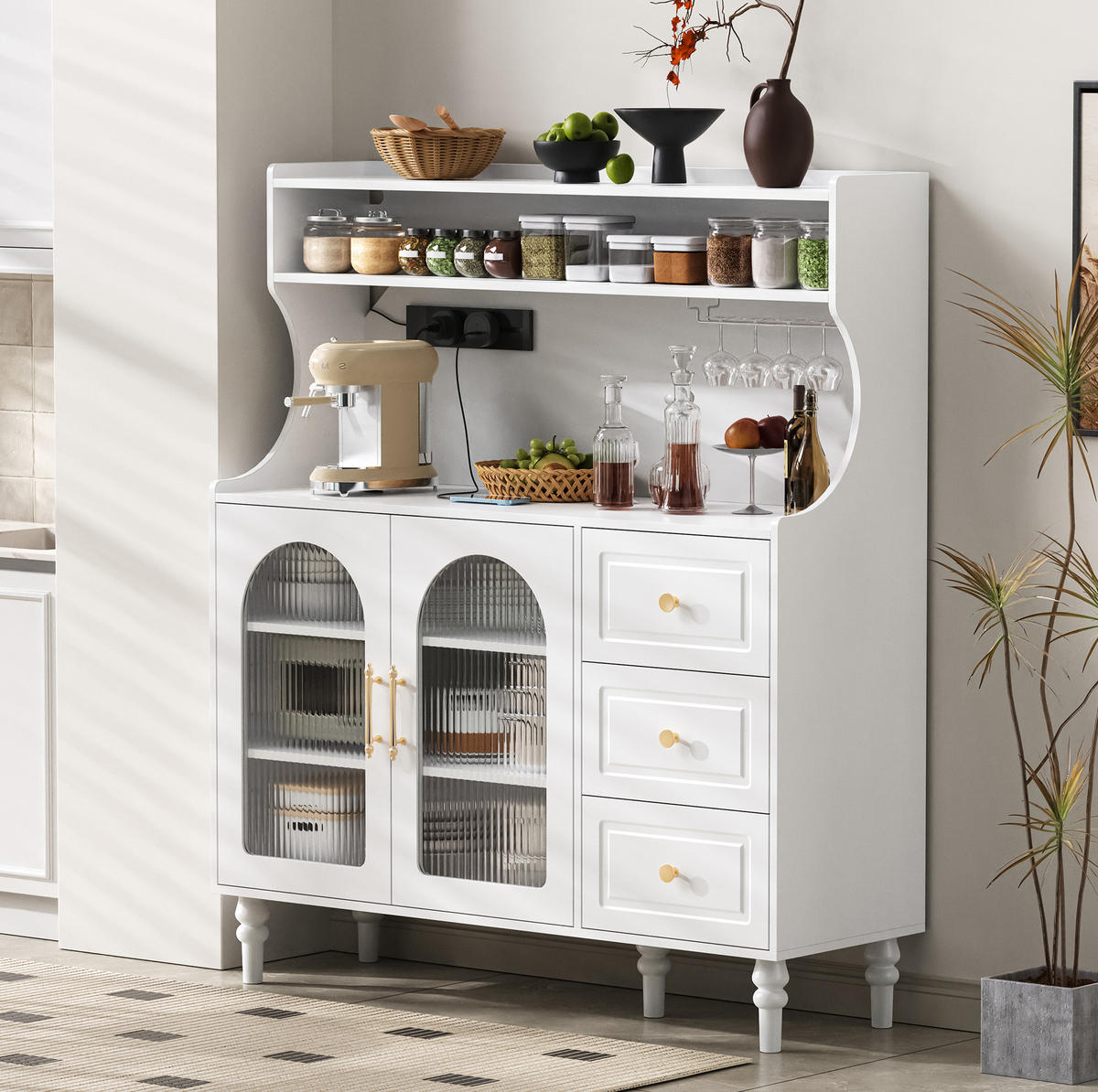 BUFFET 120/40/138,5 cm aus MDF mit Steckdose, USB-C und Glashalter Weiß - Weiß, Holzwerkstoff (120/138.5/40cm) - Modenvie