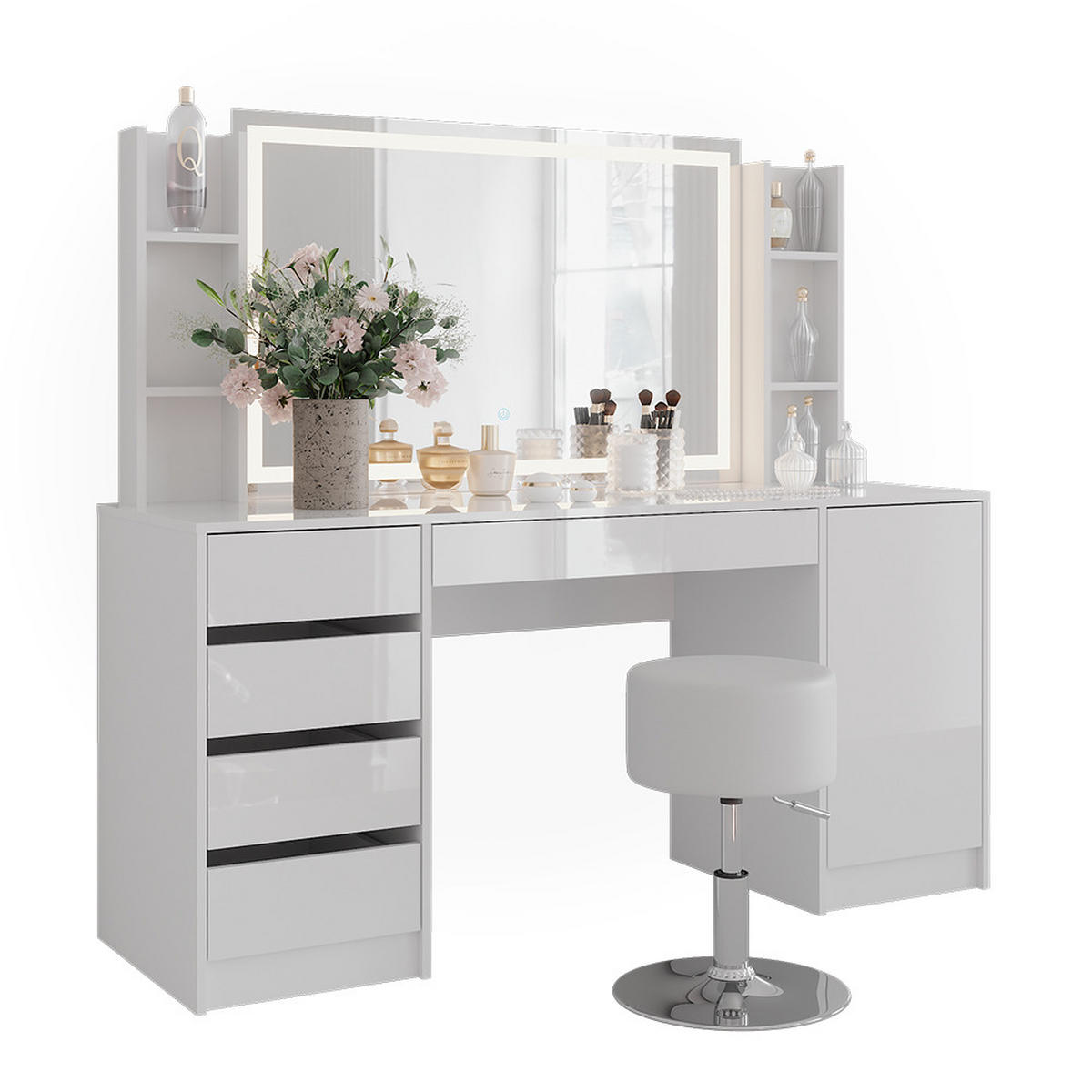 SCHMINKTISCH Sherry Weiß/Weiß Hochglanz 158.2 cm 5 Teile - Weiß Hochglanz, Holzwerkstoff (158.2/76/50.1cm) - Vicco
