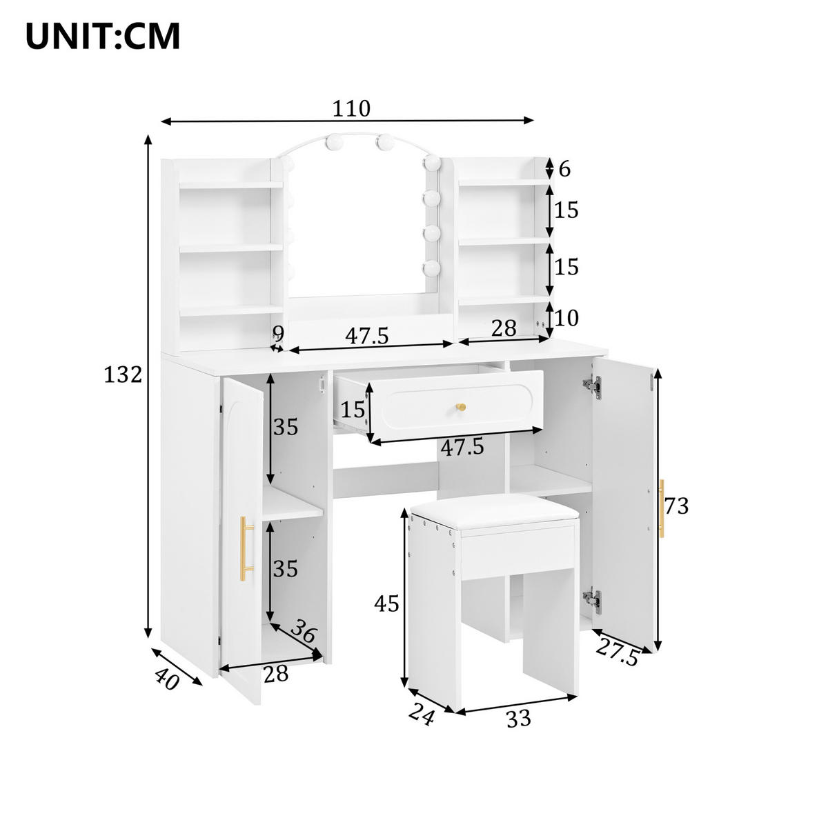 SCHMINKTISCH aus MDF und Spanplatte 110x40x132 cm Weiß mit LED-Spiegel, Hocker, 2 Schränken und Schublade - Weiß, Holzwerkstoff (110/132/40cm) - Modfu