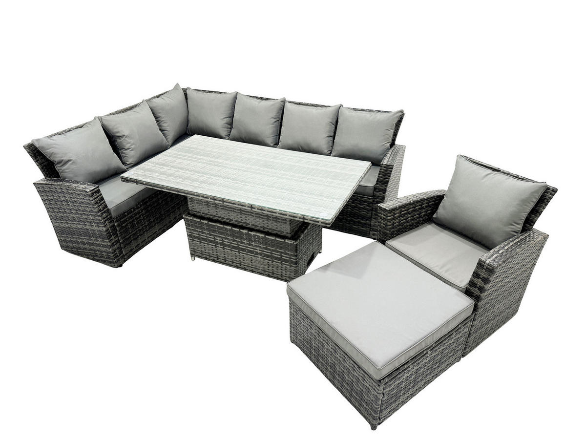 GARTEN-ECKSOFAGARNITUR mit höhenverstellbarer Tisch Polyrattan 8-Sitzer - Dunkelgrau/Grau, Glas/Kunststoff - Fimous
