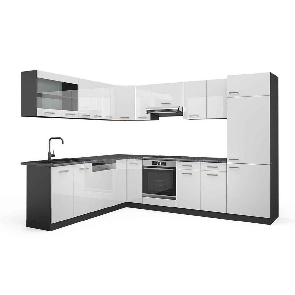 ECKKÜCHE R-Line Weiß Hochglanz/Anthrazit 227 x 287 cm ohne AP - Weiß Hochglanz/Anthrazit, Holzwerkstoff (287/81.6/46cm) - Vicco