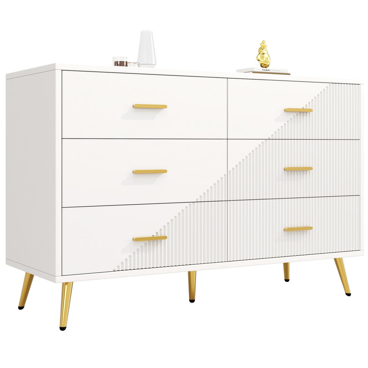 SIDEBOARD 120/40/75 cm, 6 Schubladen, weißes MDF mit Metallbeinen，weiß - Weiß, Holzwerkstoff (120/75/40cm) - Redom