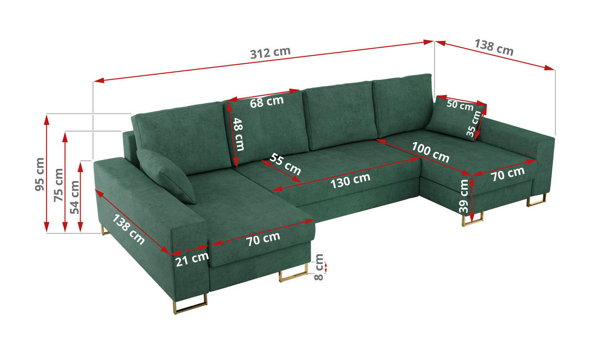 WOHNLANDSCHAFT DORIAN U Struktur Grün - Goldfarben/Grün, Textil/Metall (312/95/138cm) - MKS
