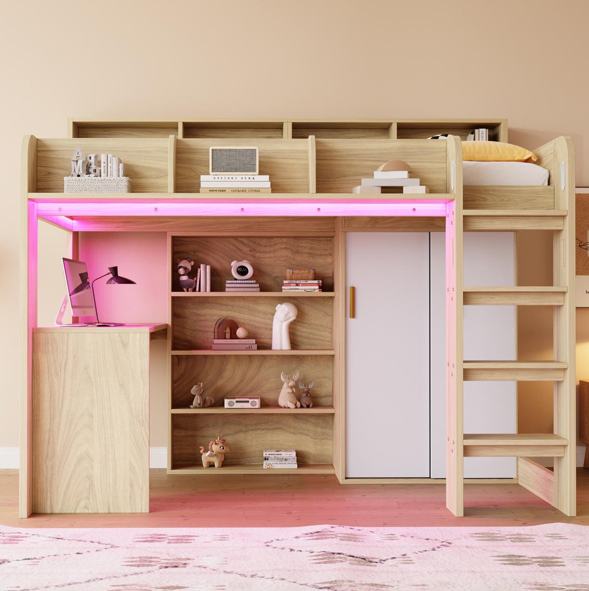 HOCHBETT 90/200 cm natur aus MDF mit Schreibtisch LED und Steckdose - Naturfarben, Holzwerkstoff (90/200cm) - OKWISH