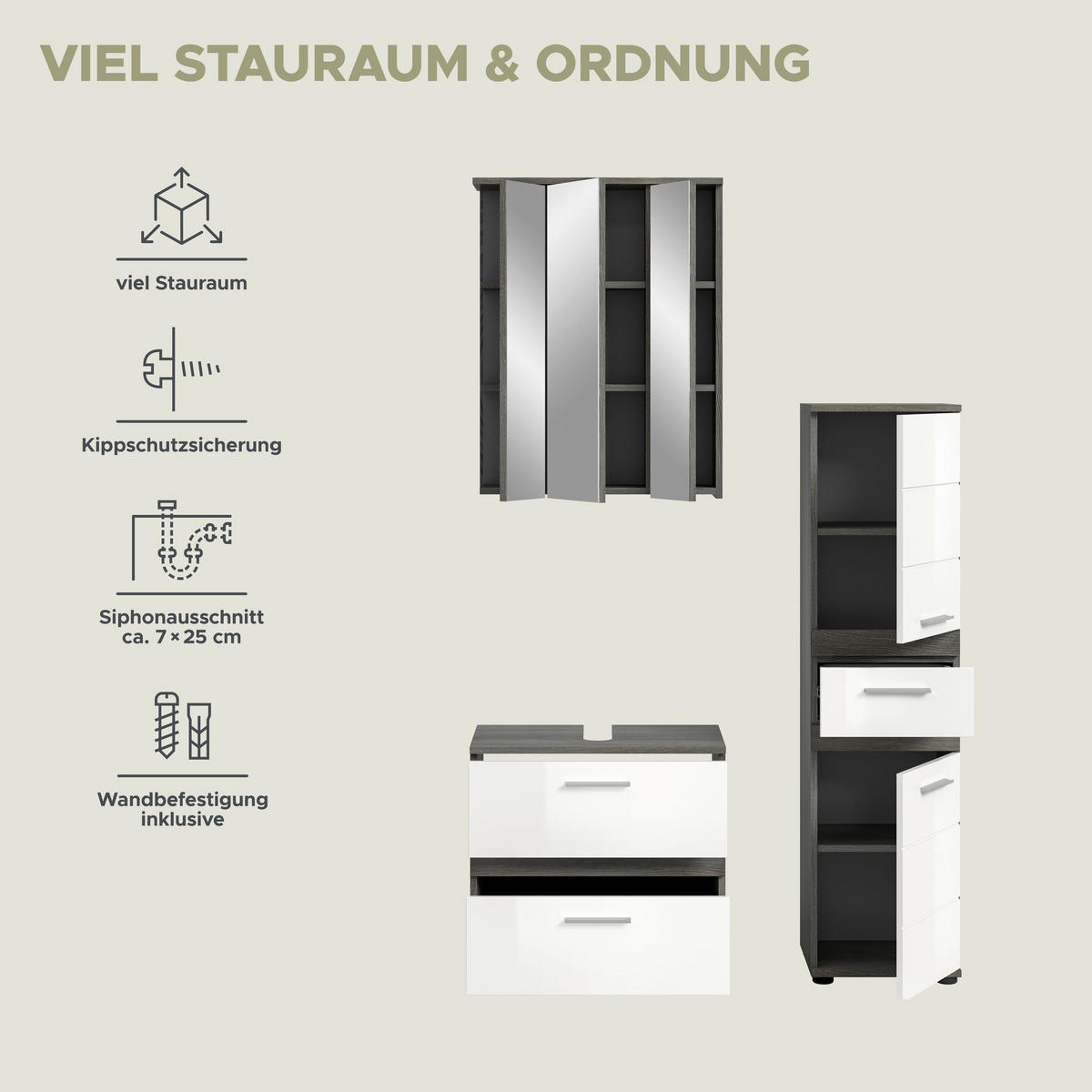 BADKOMBINATION 3tlg. Blake Bad in Rauchsilber Nachbildung und weiß hochglanz B/H/T: 110x191x34 cm - Anthrazit, Holz (110/191/34cm)