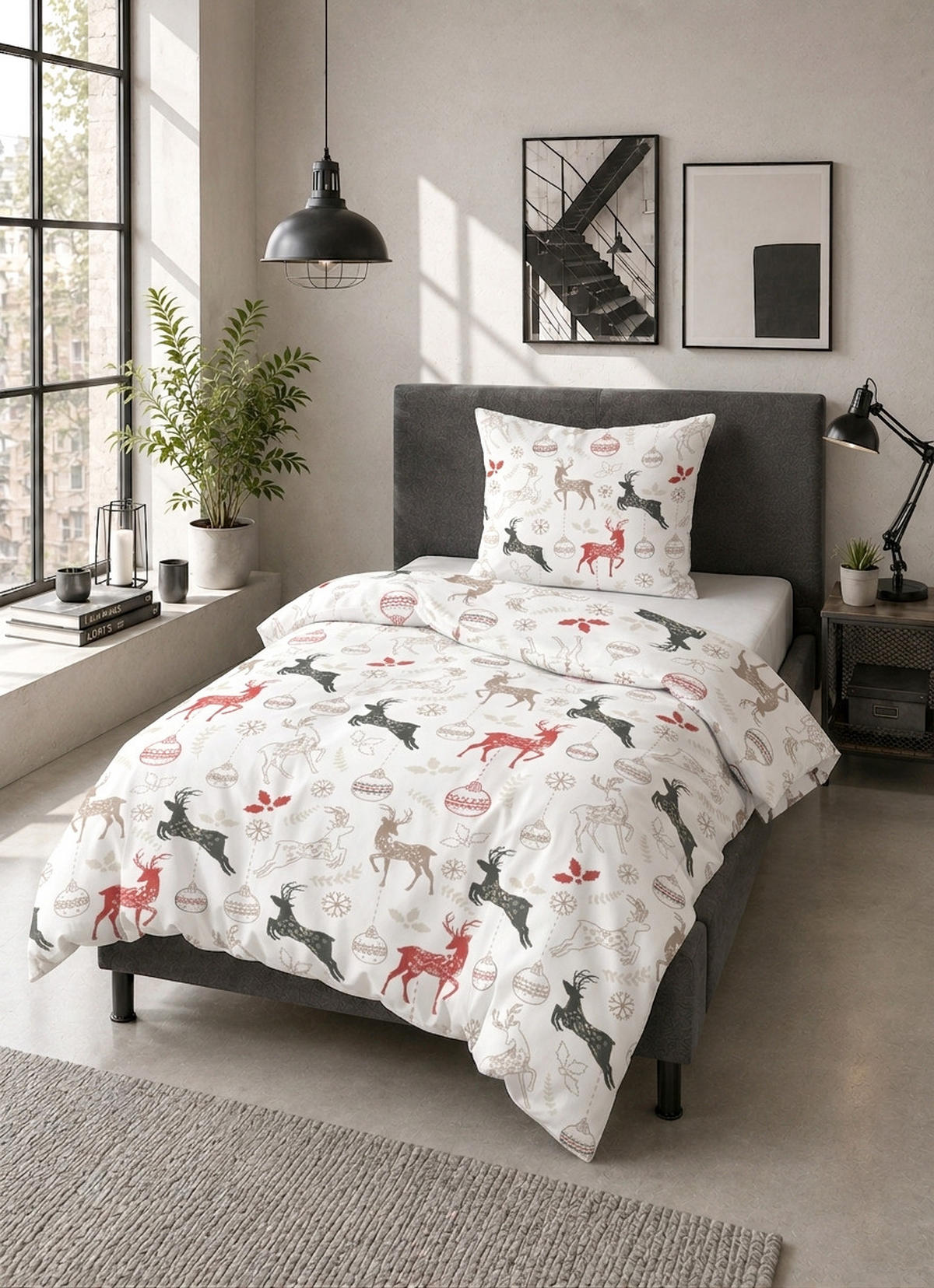 BETTWÄSCHE-GARNITUR Biber Hirsche Weihnachten weiss, 135x200 cm + 80x80 cm - Weiß, Textil (135/200cm) - Castell
