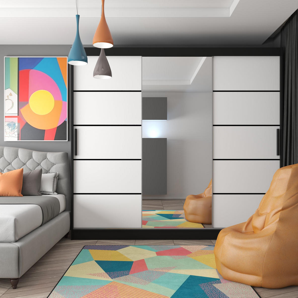 SCHWEBETÜRENSCHRANK Verona MBP, Schwarz/Weiß Matt, 232 cm, mit Spiegel - Weiß, Holz (232/216/60cm) - B BELINI GROUP
