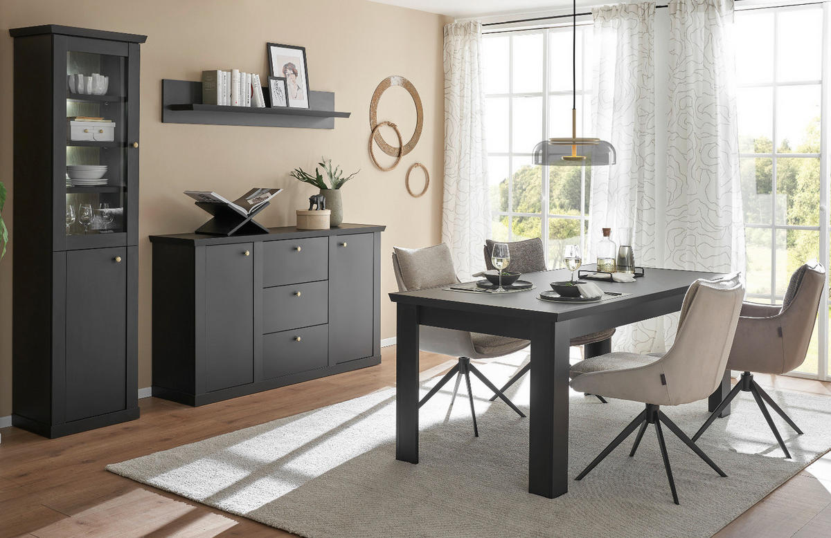 VITRINE schwarz matt, Eiche 55 cm, Vitrinenschrak Landhaus mit Soft-Close - Eichefarben/Messingfarben, Glas/Holzwerkstoff (55/200/39cm) - Furn.Design