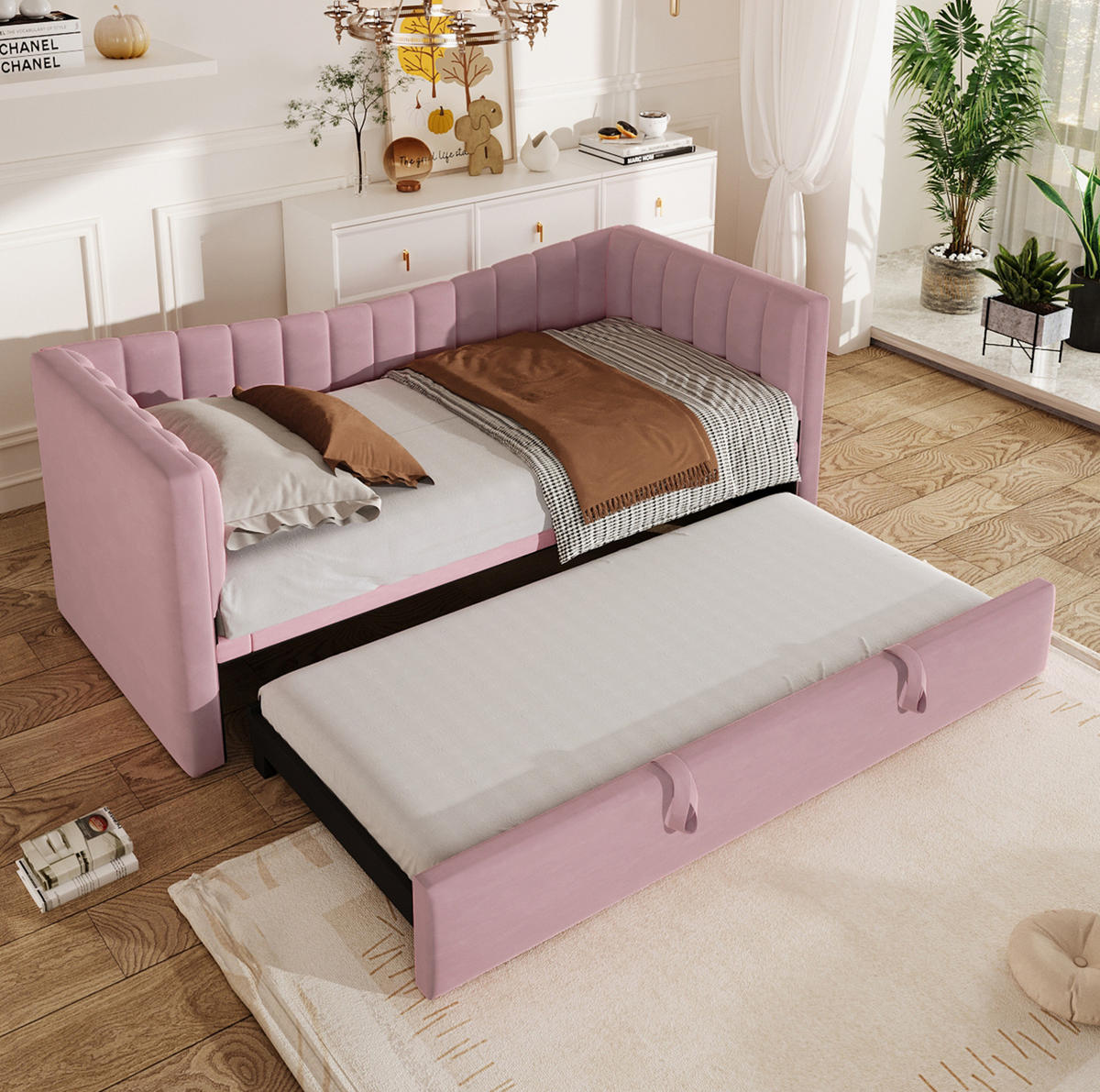 SAMT-POLSTERBETT 90/200 cm mit Ziehbett in Rosa - Rosa, Textil (180/200cm) - BEAOK