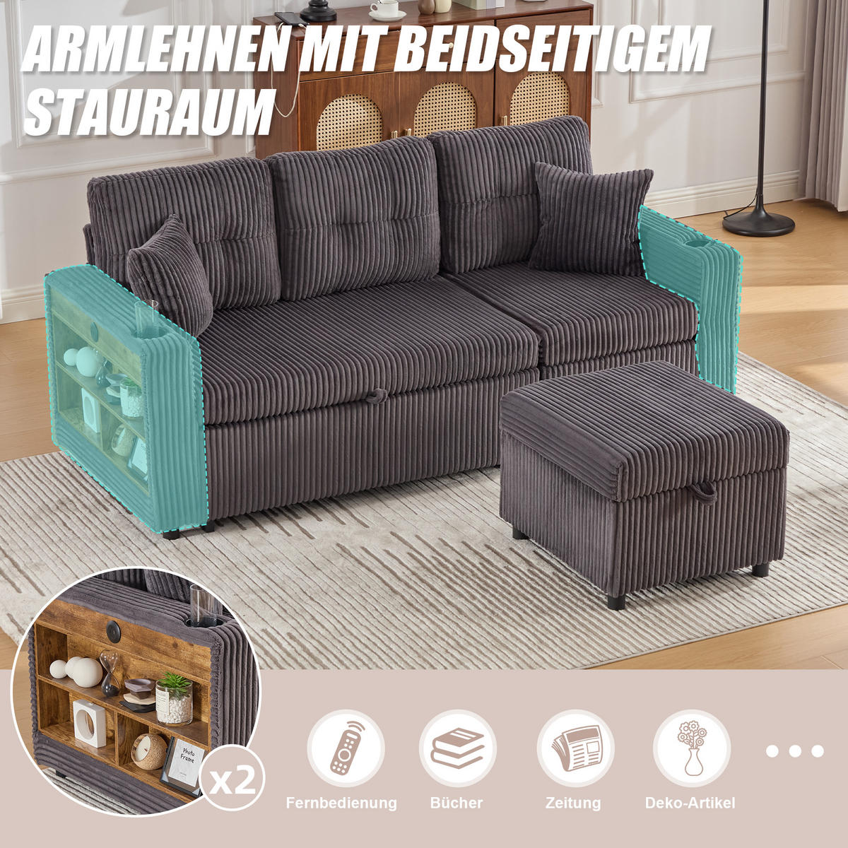 SCHLAFSOFA aus Cord mit Stauraum, Ausziehbett und USB-C - Dunkelgrau, Textil (196/85/82cm)