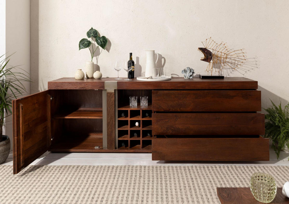 SIDEBOARD Mango 215x45x75 braun lackiert Amsterdam #29 - Braun, Holz (215/75/45cm) - Massivmoebel24