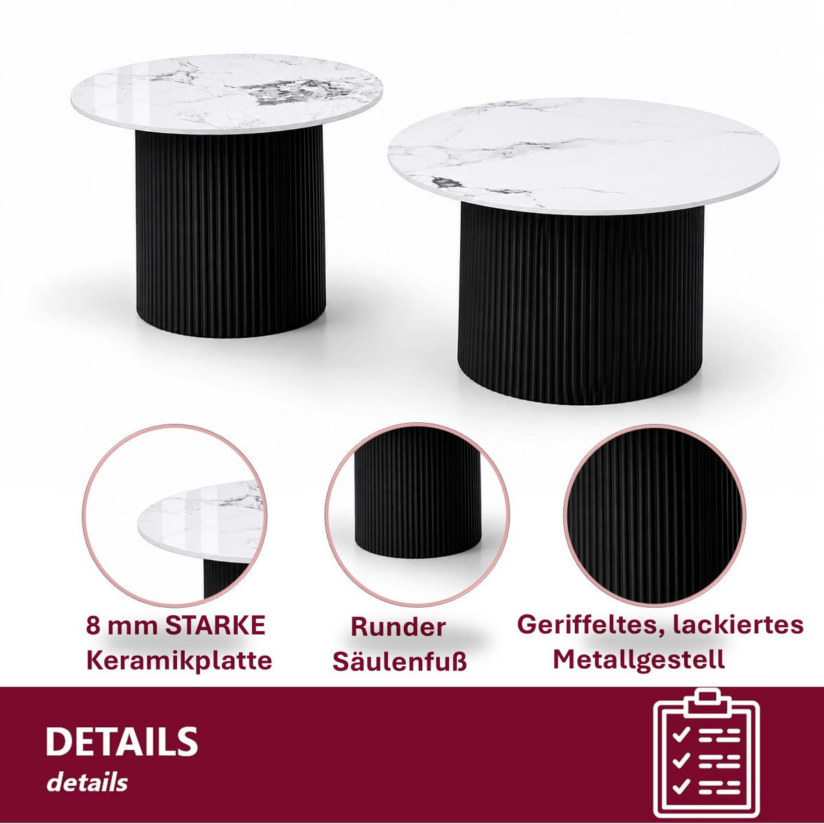 COUCHTISCH-SET Keramik rund 2-tlg. Trommelgestell Schwarz 80 & 60 cm - Schwarz/Weiß, Keramik/Metall (80/80/46cm) - HOOZ