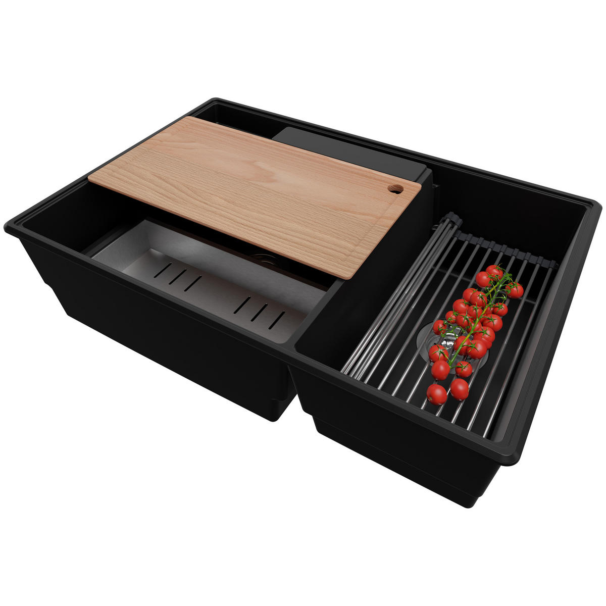 SPÜLBECKEN Paris, 2-er set Schwarz 78/53 cm 2 Becken + Ablauf-Set + Küchenzubehörset ab 80er Unterschrank - Chromfarben/Edelstahlfarben, Kunststoff (78/20/53cm) - Primagran