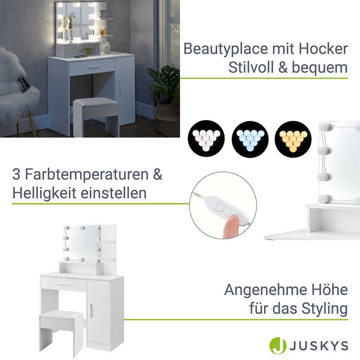 SCHMINKTISCH Zoey mit Schrank und Hocker Melly - Weiß, Holz (38/137/90cm) - Juskys