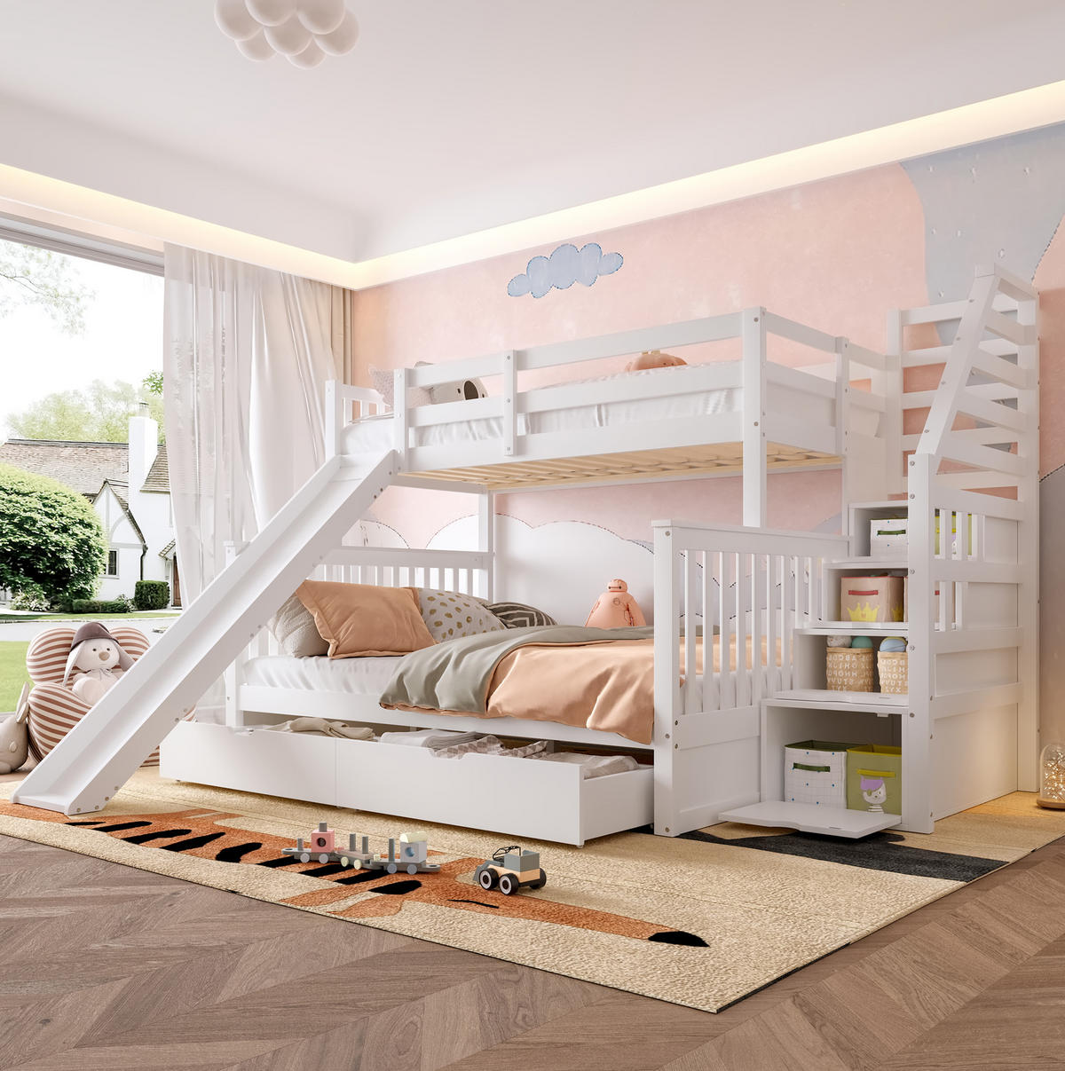 ETAGENBETT 90/200 cm und 140/200 cm Antique White mit Rutsche und Stauraum aus Kiefer - Weiß, Holzwerkstoff (90/200cm) - OKWISH