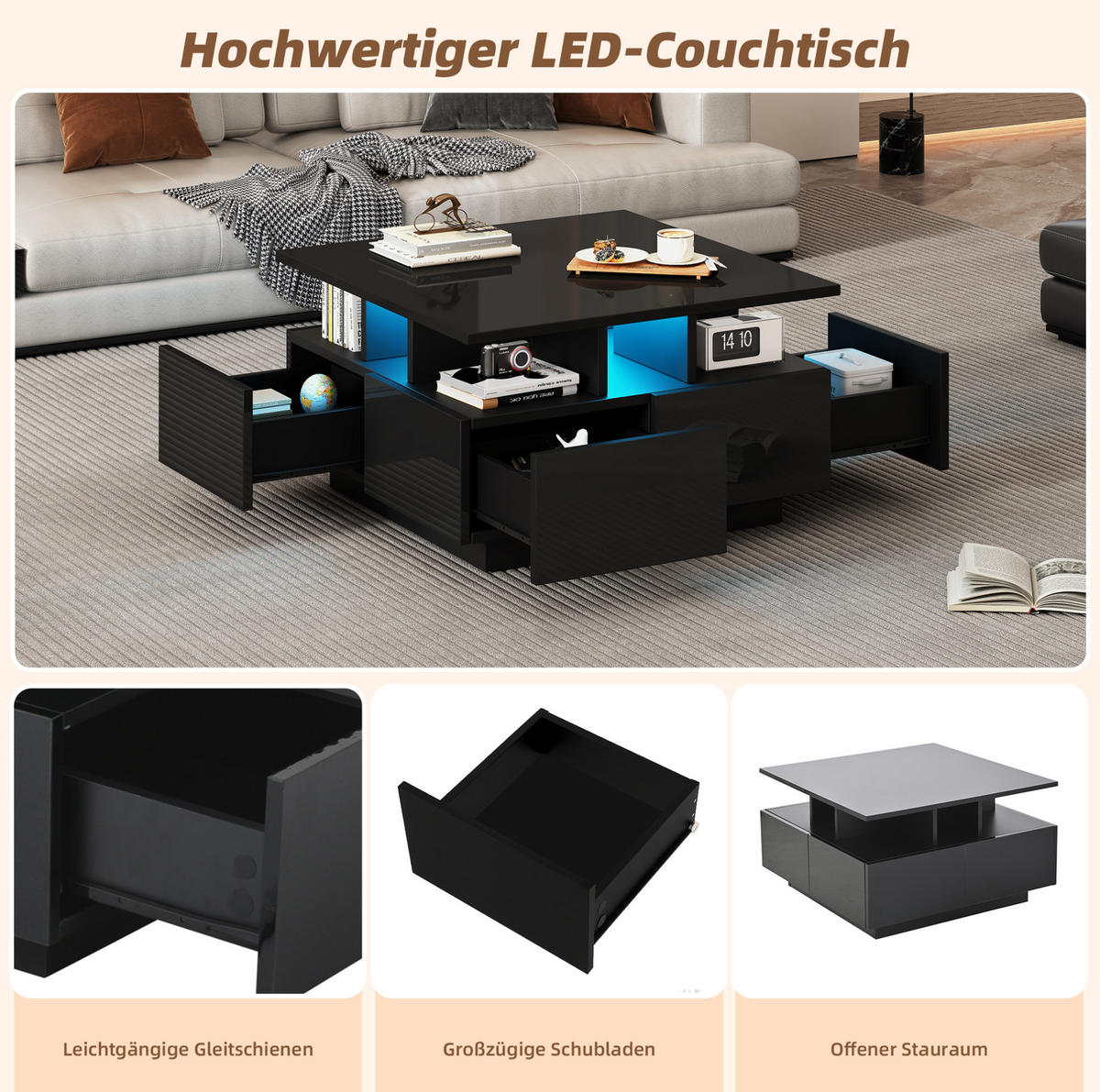 COUCHTISCH 70/70/40 cm schwarz mit 4 Schubladen und LED-Beleuchtung - Schwarz, Holzwerkstoff (70/70/40cm) - OKWISH