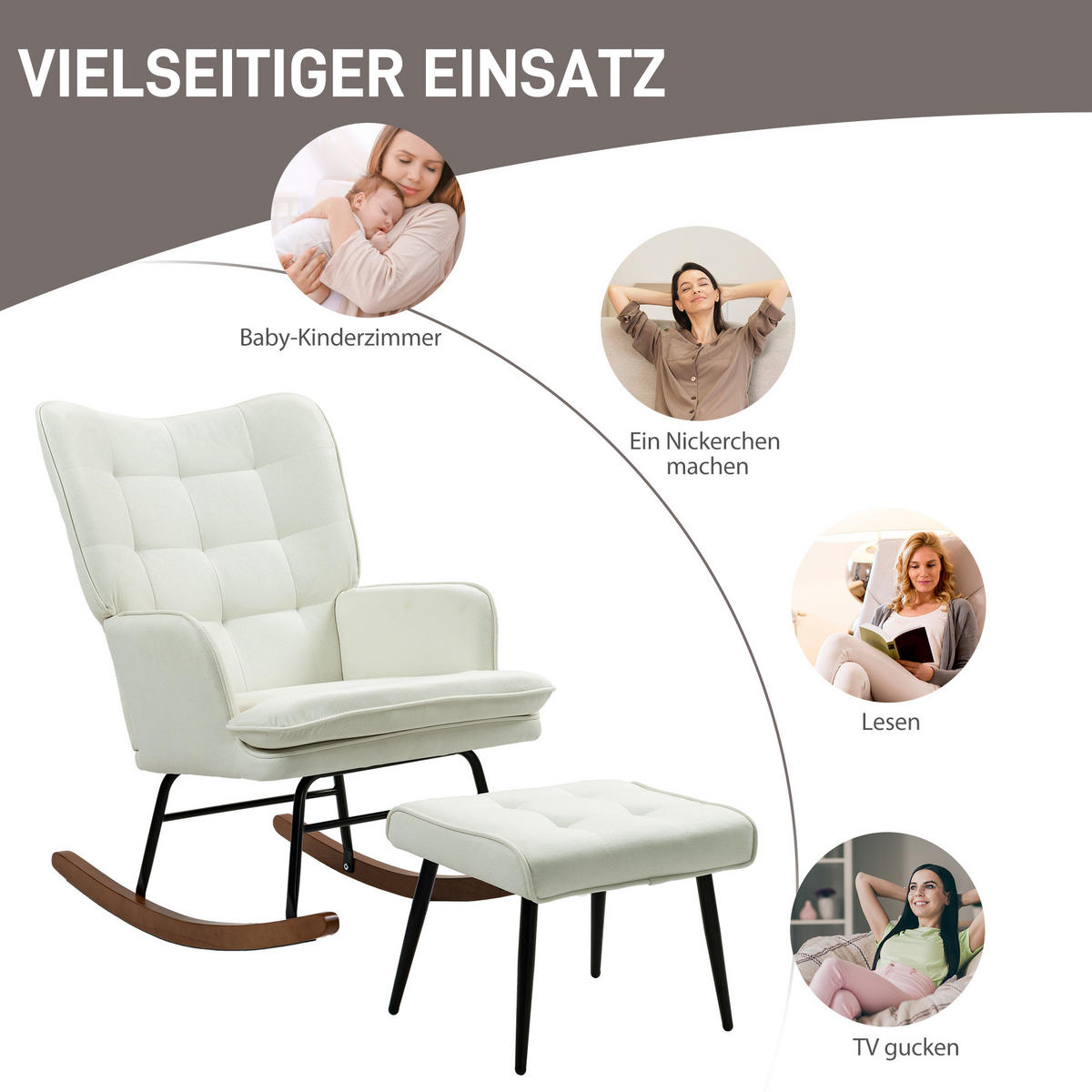 SCHAUKELSTUHL Schwingsessel mit Hocker Armlehnsessel Relaxsessel mit Leinenoptik - Weiß, Kunststoff (89/90/64cm) - HOMCOM