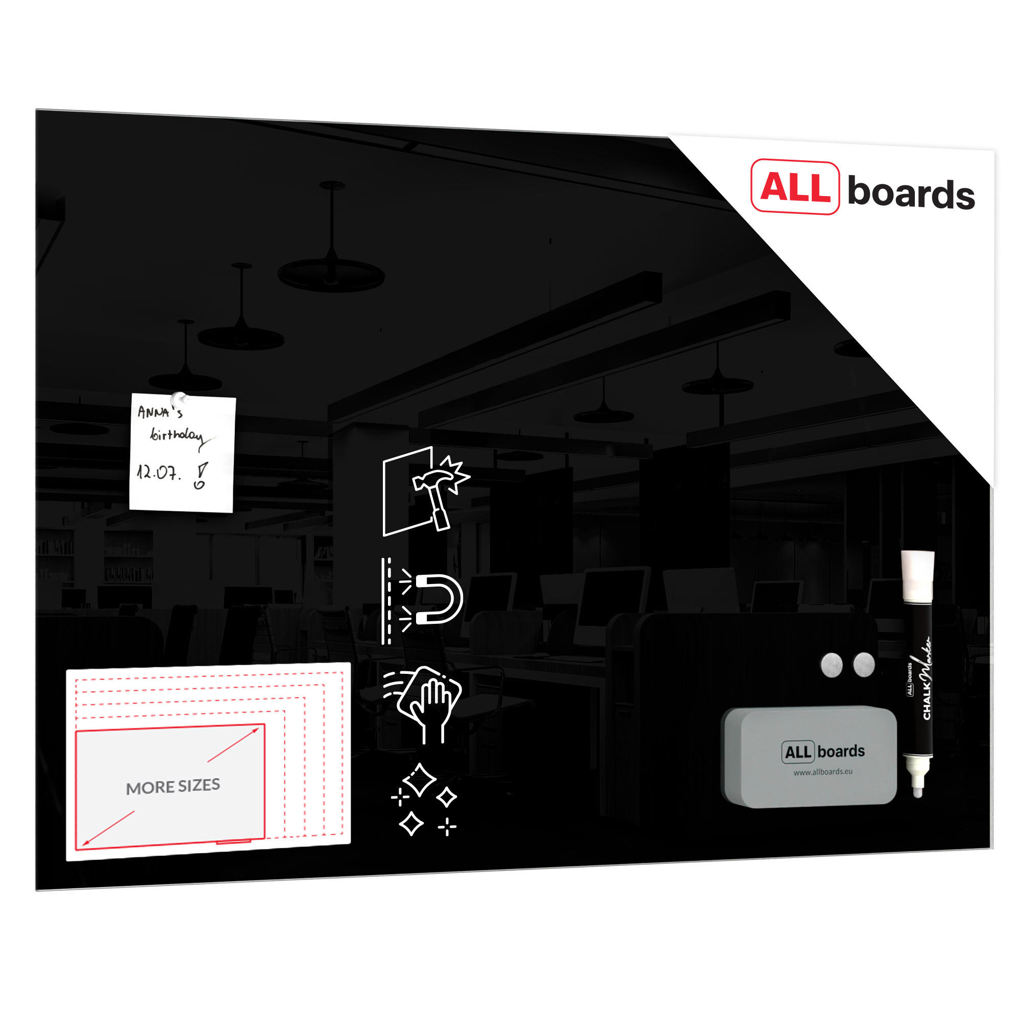 ALLboards Glasboard Schwarz 90x60x0.7 cm