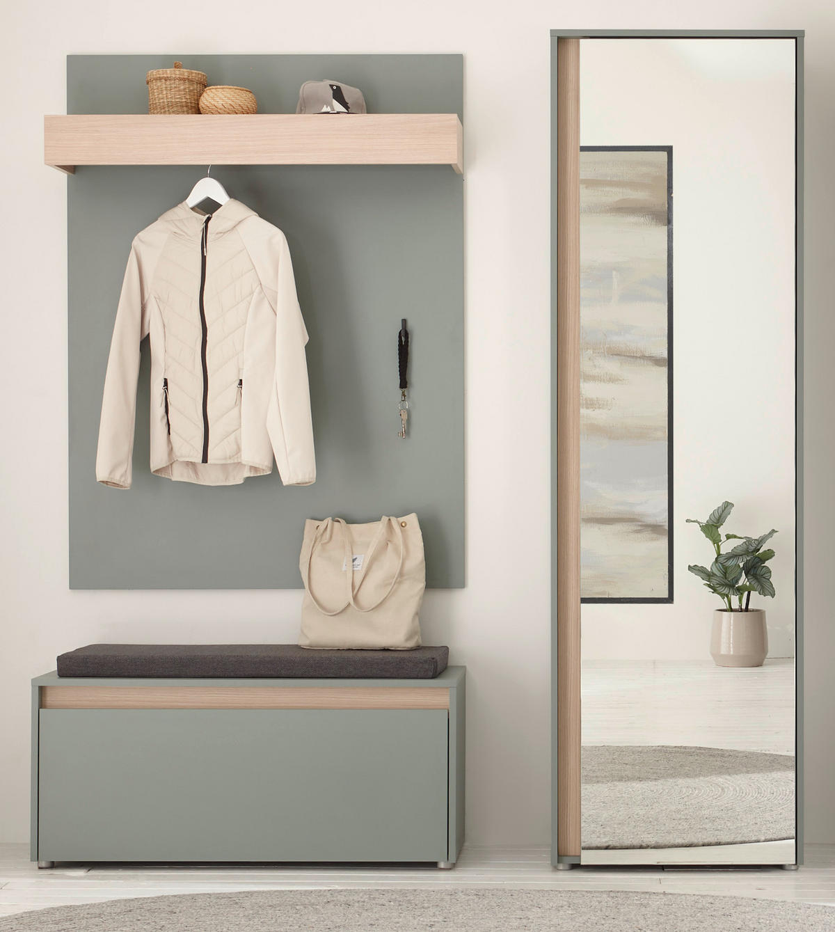 GARDEROBE Set 4-teilig in Salbei und Barista Eiche Garderobenkombination 170 x 200 cm Center - Salbeigrün/Eichefarben, Glas/Holz (170/200/40cm) - Furn.Design