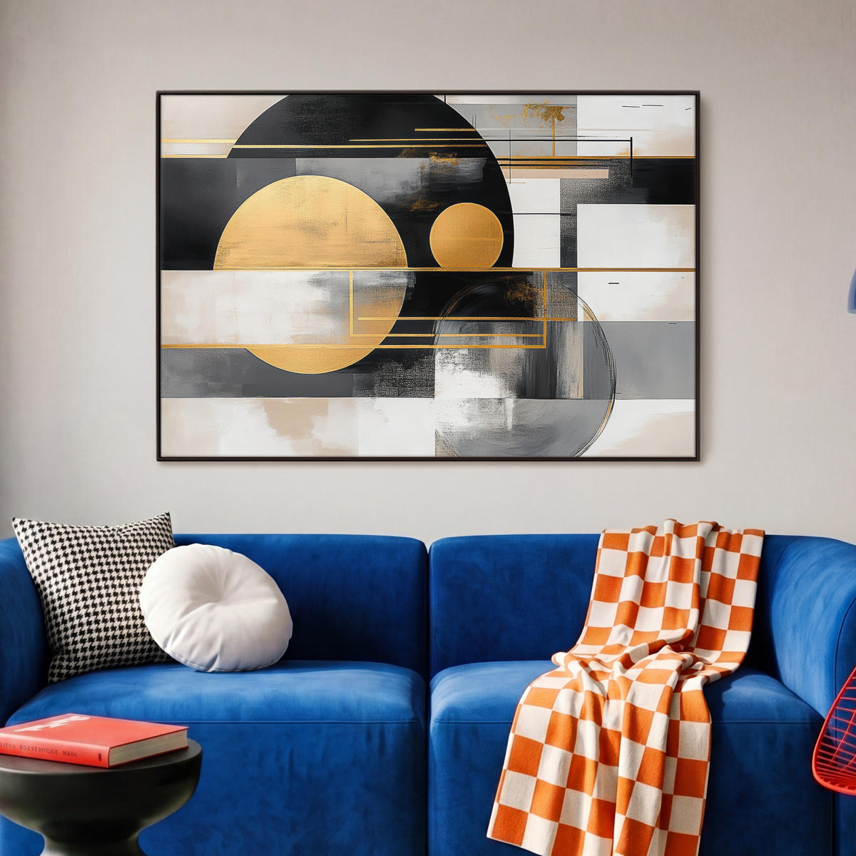 LEINWAND Bilder mit Rahmen - Abstrakt - Gold - Silber - Formen - Ästhetisch - Modern - 90x60 - Goldfarben, Textil (90/60cm) - MuchoWow