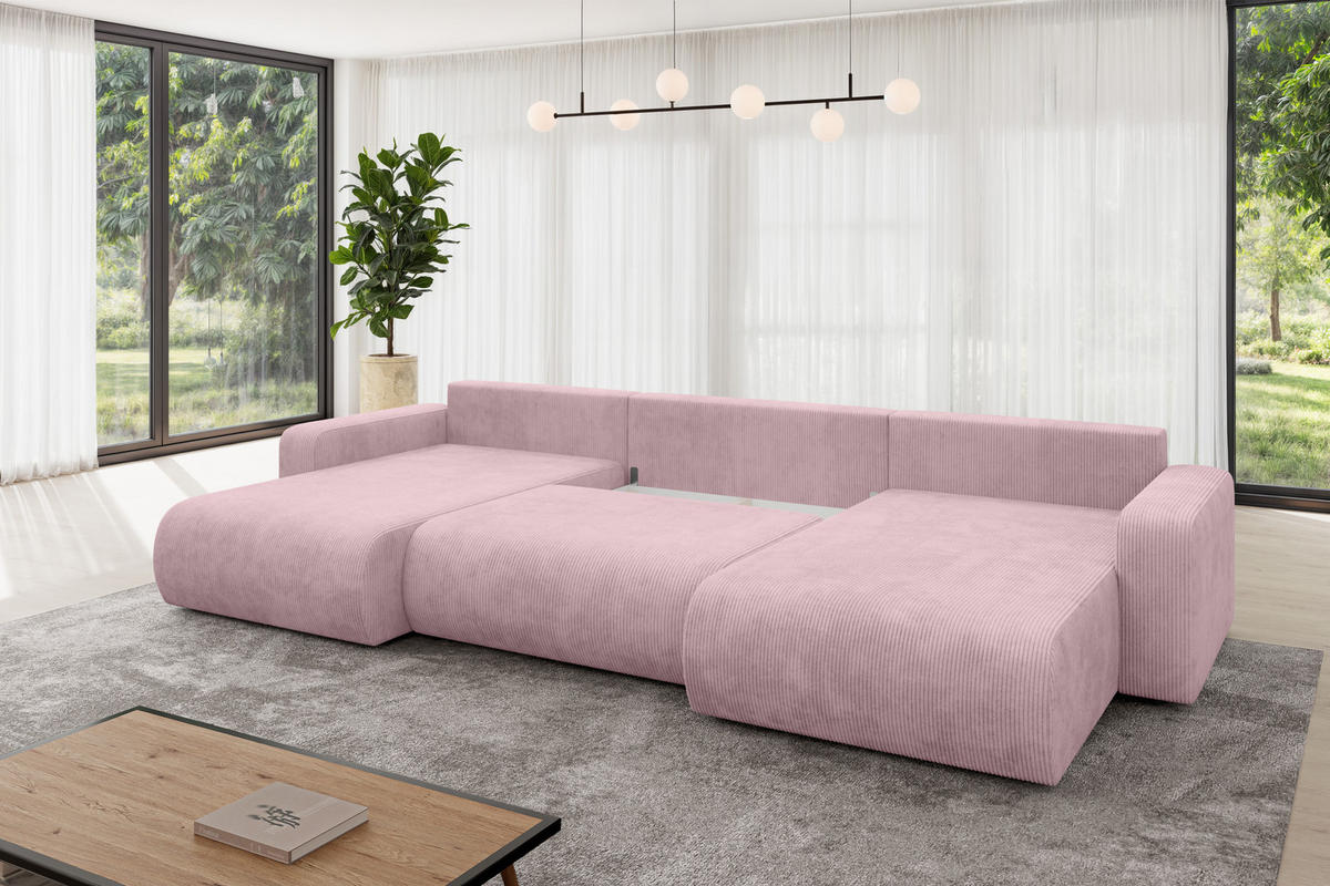 SEDACÍ SOUPRAVA DO U s funkcí spaní a úložným prostorem BERY-U 377x193x88 růžová manšestr - růžová/černá, kompozitní dřevo/textil (377/88/193cm) - ALTDECOR
