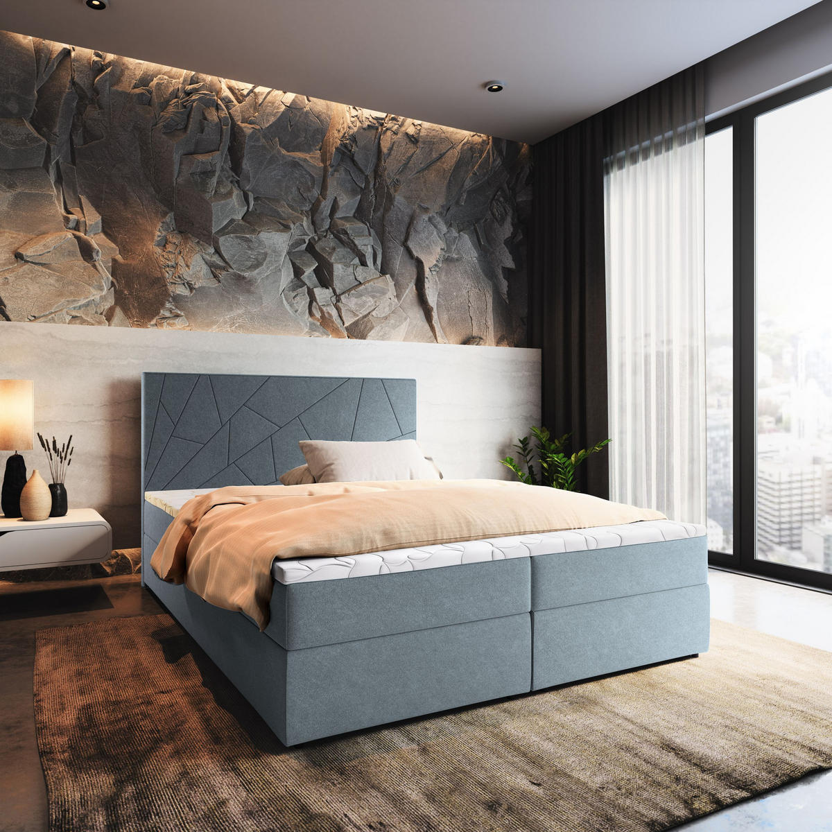 POSTEL BOXSPRING MADO 160x200 cm, s matrací a úložným prostorem, světle modrá - světle modrá, kompozitní dřevo/textil (160/200cm) - MASSENO